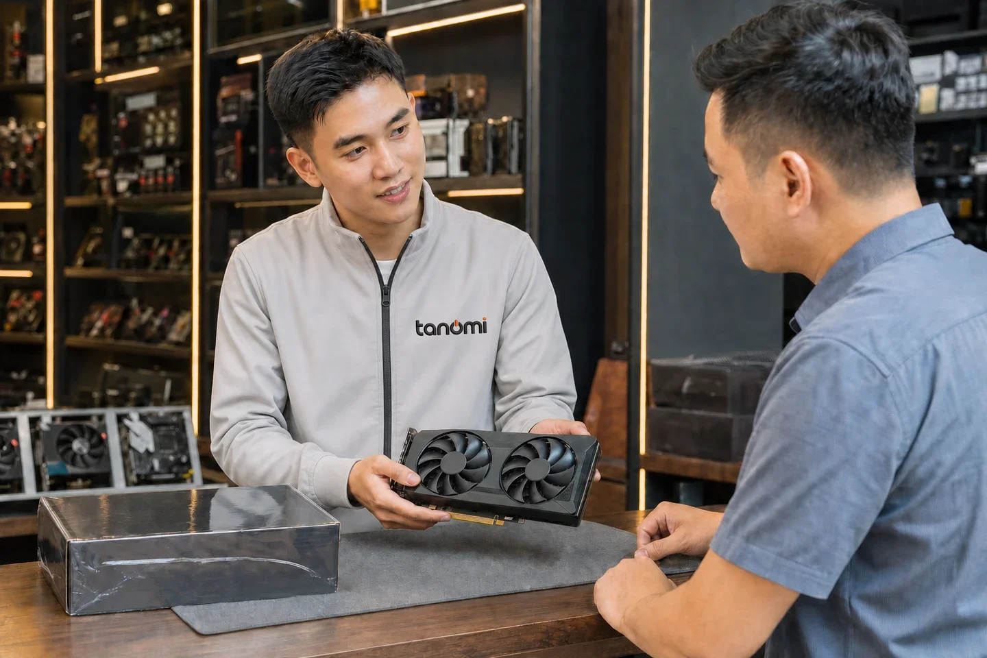 Kỹ thuật viên Tanomi cùng khách xem tình trạng card đồ hoạ cũ tại quầy, bên cạnh card mới để lên đời