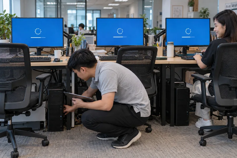 Kỹ thuật viên Tanomi kiểm tra PC dưới bàn nhân viên trong lúc máy cập nhật