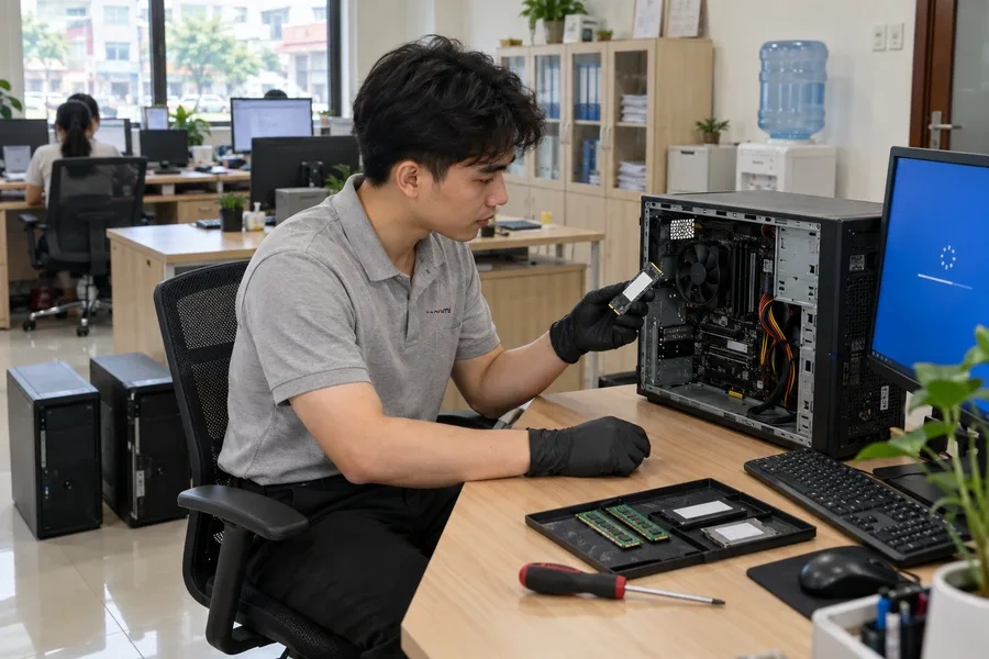 Kỹ thuật viên Tanomi thay ổ SSD cho các PC văn phòng