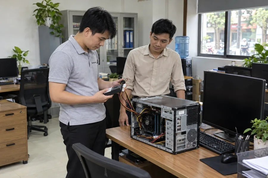Kỹ thuật viên Tanomi chẩn đoán PC hỏng cùng nhân viên văn phòng