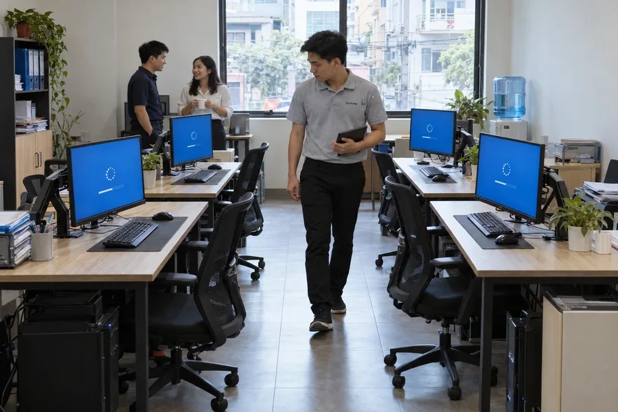 Văn phòng trang bị đồng bộ cùng loại màn hình, ghế và PC, kỹ thuật viên Tanomi kiểm tra từng máy