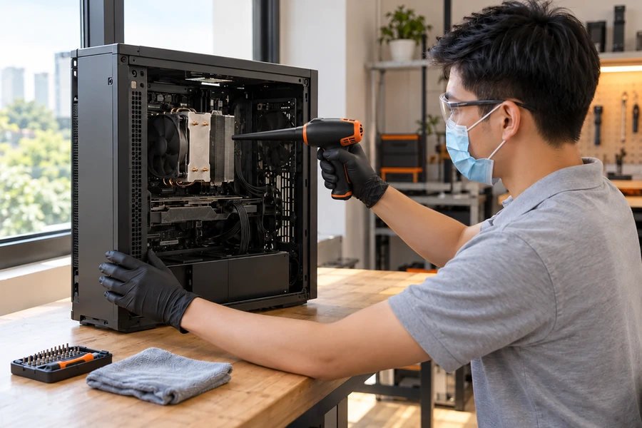 Kỹ thuật viên Tanomi đeo khẩu trang, găng tay, dùng máy thổi bụi điện vệ sinh tản nhiệt CPU