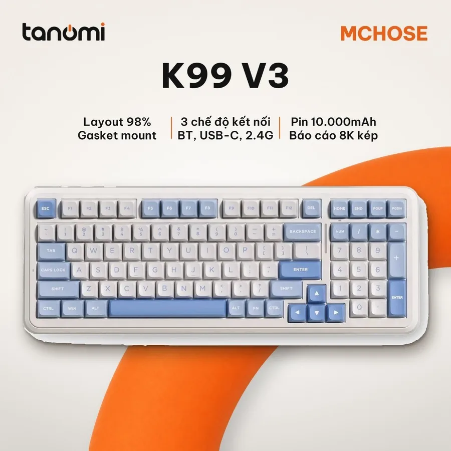 Bàn phím cơ không dây MCHOSE K99 V3 MC-K99V3-2 3 chế độ kết nối Gasket Hot-swap pin 10.000mAh 8K Xanh da trời