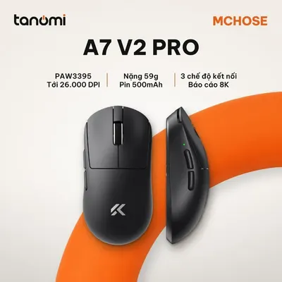 Chuột gaming không dây MCHOSE A7 V2 Pro HW-A7V2-1 3 chế độ kết nối nhẹ 59g cảm biến PAW3395 DPI 26.000 8K Đen