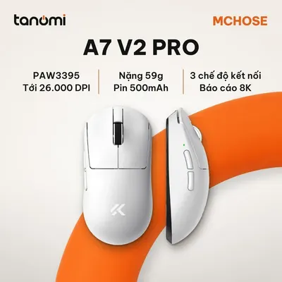 Chuột gaming không dây MCHOSE A7 V2 Pro HW-A7V2-2 3 chế độ kết nối nhẹ 59g cảm biến PAW3395 DPI 26.000 8K Trắng