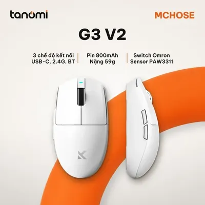 Chuột gaming không dây MCHOSE G3 V2 HW-G3V2-4 3 chế độ kết nối nhẹ 59g cảm biến PAW3311 pin 800mAh Trắng