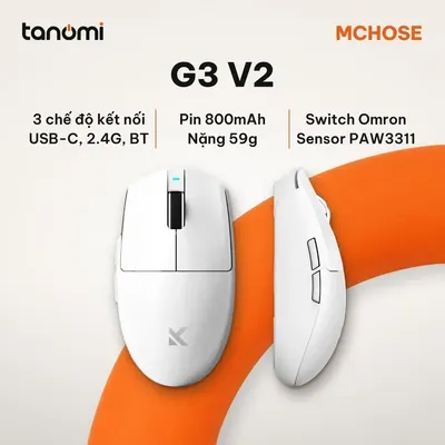 Chuột gaming không dây MCHOSE G3 V2 HW-G3V2-4 3 chế độ kết nối nhẹ 59g cảm biến PAW3311 pin 800mAh Trắng