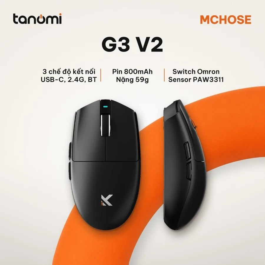 Chuột gaming không dây MCHOSE G3 V2 HW-G3V2-5 3 chế độ kết nối nhẹ 59g cảm biến PAW3311 pin 800mAh Đen