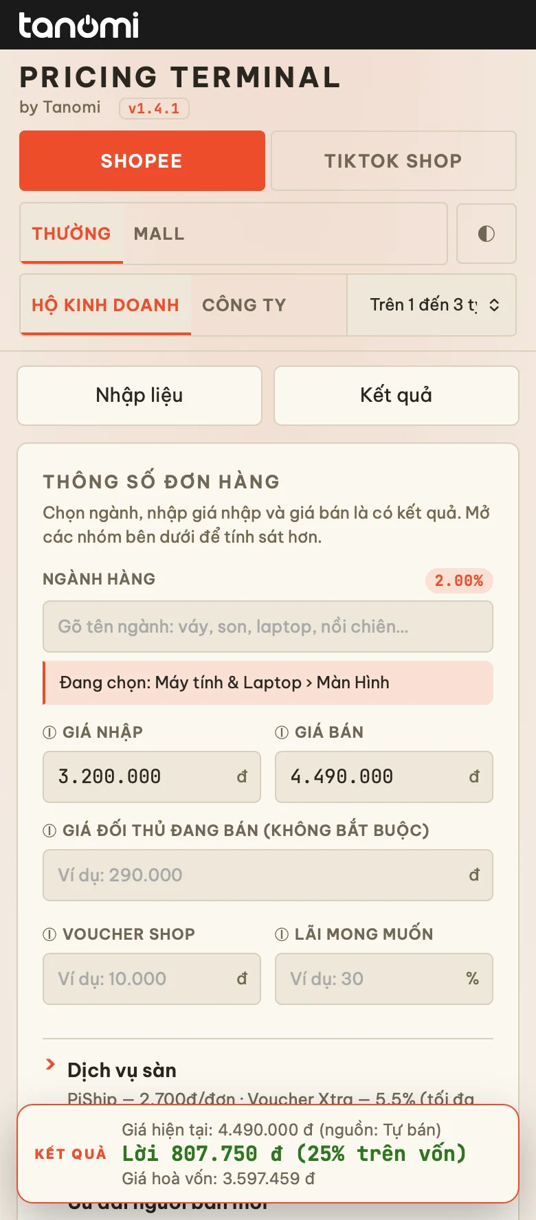 Màn hình Tính Giá Sàn trên điện thoại: chọn ngành hàng, nhập giá nhập và giá bán, hiện lãi và giá hoà vốn