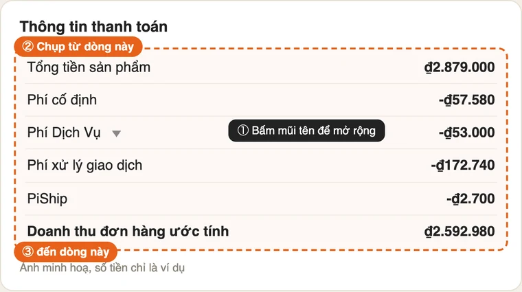 Ảnh minh hoạ vùng cần chụp ở phần Thông tin thanh toán của Shopee