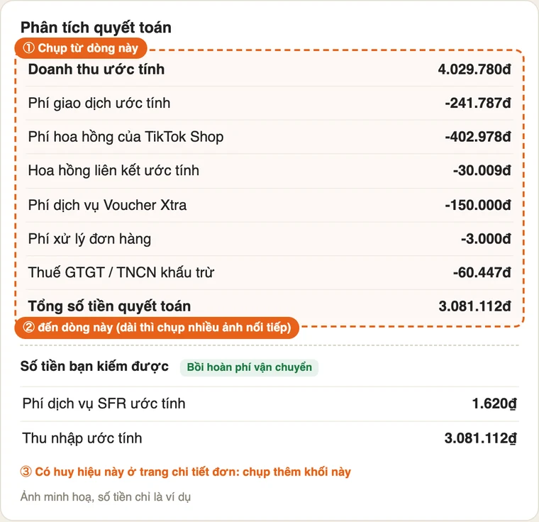 Ảnh minh hoạ vùng cần chụp ở phần Phân tích quyết toán của TikTok Shop